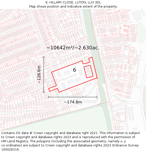 6, HILLARY CLOSE, LUTON, LU3 3DL: Plot and title map