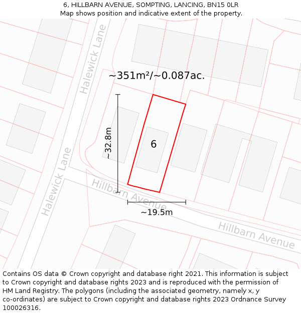 6, HILLBARN AVENUE, SOMPTING, LANCING, BN15 0LR: Plot and title map
