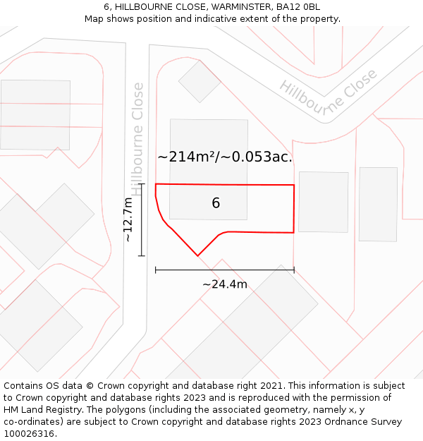 6, HILLBOURNE CLOSE, WARMINSTER, BA12 0BL: Plot and title map