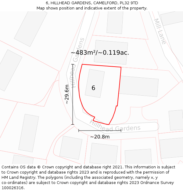 6, HILLHEAD GARDENS, CAMELFORD, PL32 9TD: Plot and title map