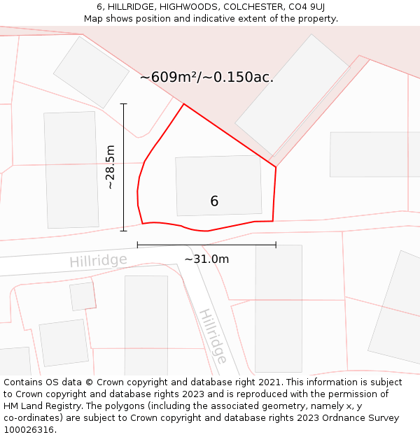 6, HILLRIDGE, HIGHWOODS, COLCHESTER, CO4 9UJ: Plot and title map