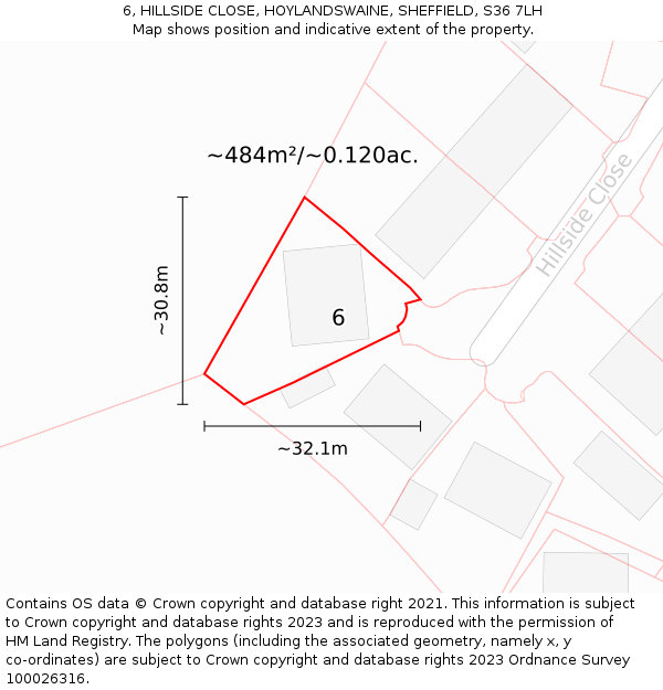 6, HILLSIDE CLOSE, HOYLANDSWAINE, SHEFFIELD, S36 7LH: Plot and title map