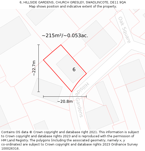 6, HILLSIDE GARDENS, CHURCH GRESLEY, SWADLINCOTE, DE11 9QA: Plot and title map