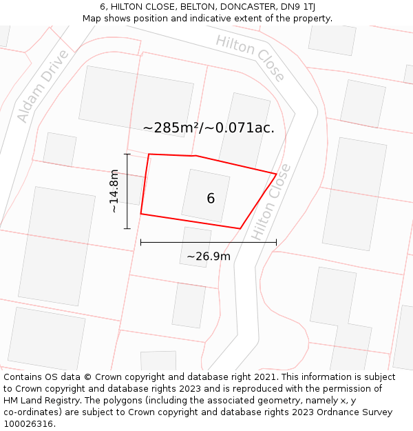 6, HILTON CLOSE, BELTON, DONCASTER, DN9 1TJ: Plot and title map