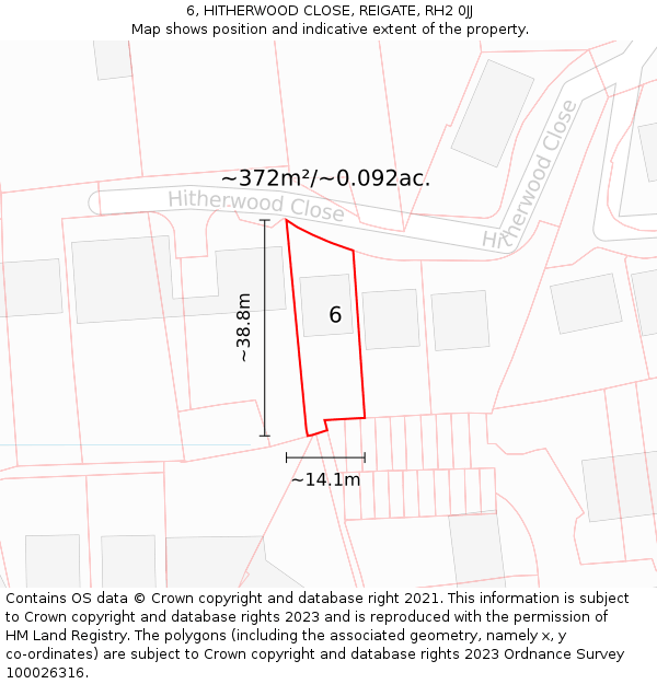 6, HITHERWOOD CLOSE, REIGATE, RH2 0JJ: Plot and title map