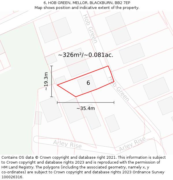 6, HOB GREEN, MELLOR, BLACKBURN, BB2 7EP: Plot and title map