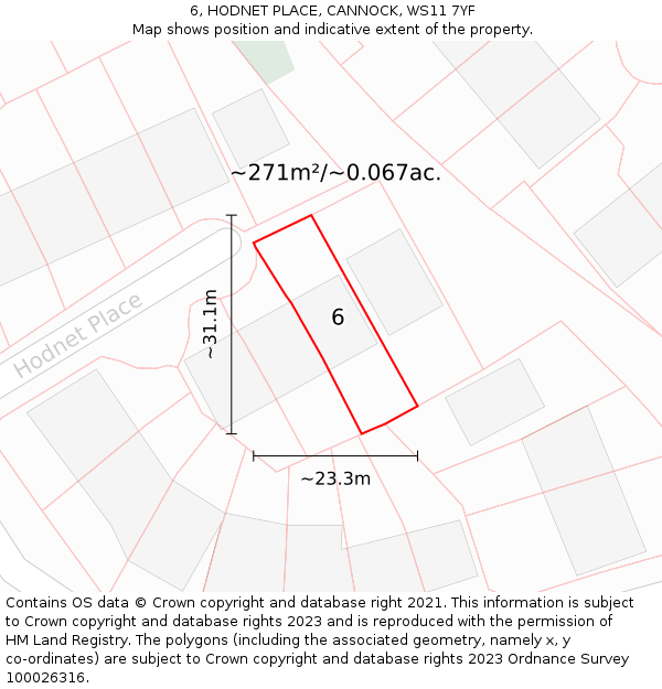 6, HODNET PLACE, CANNOCK, WS11 7YF: Plot and title map