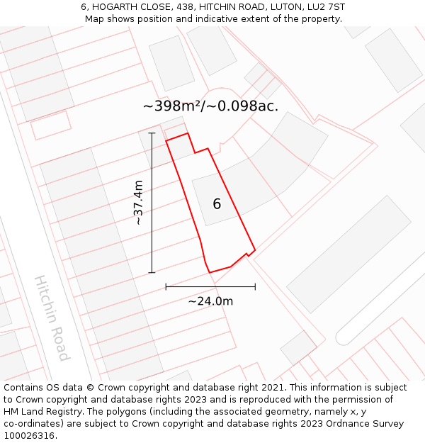 6, HOGARTH CLOSE, 438, HITCHIN ROAD, LUTON, LU2 7ST: Plot and title map