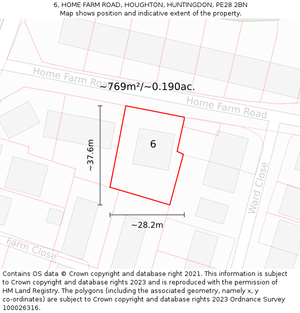 6, HOME FARM ROAD, HOUGHTON, HUNTINGDON, PE28 2BN: Plot and title map