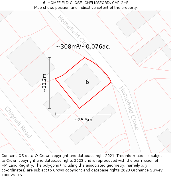 6, HOMEFIELD CLOSE, CHELMSFORD, CM1 2HE: Plot and title map