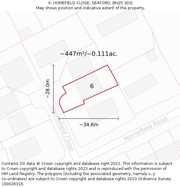 6, HOMEFIELD CLOSE, SEAFORD, BN25 3DQ: Plot and title map