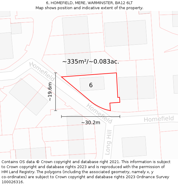 6, HOMEFIELD, MERE, WARMINSTER, BA12 6LT: Plot and title map