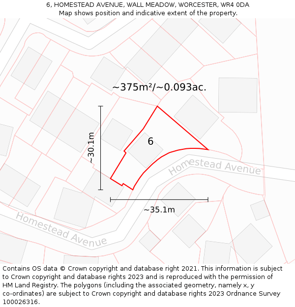 6, HOMESTEAD AVENUE, WALL MEADOW, WORCESTER, WR4 0DA: Plot and title map