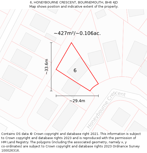 6, HONEYBOURNE CRESCENT, BOURNEMOUTH, BH6 4JD: Plot and title map