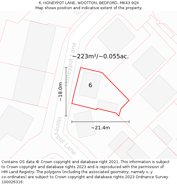 6, HONEYPOT LANE, WOOTTON, BEDFORD, MK43 9QX: Plot and title map