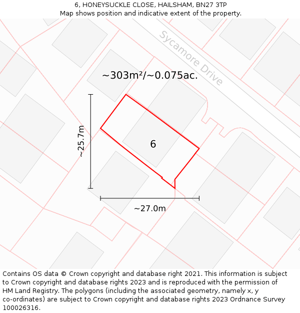 6, HONEYSUCKLE CLOSE, HAILSHAM, BN27 3TP: Plot and title map