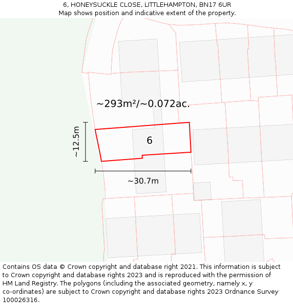 6, HONEYSUCKLE CLOSE, LITTLEHAMPTON, BN17 6UR: Plot and title map