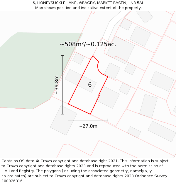 6, HONEYSUCKLE LANE, WRAGBY, MARKET RASEN, LN8 5AL: Plot and title map