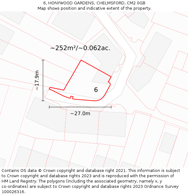 6, HONYWOOD GARDENS, CHELMSFORD, CM2 0GB: Plot and title map