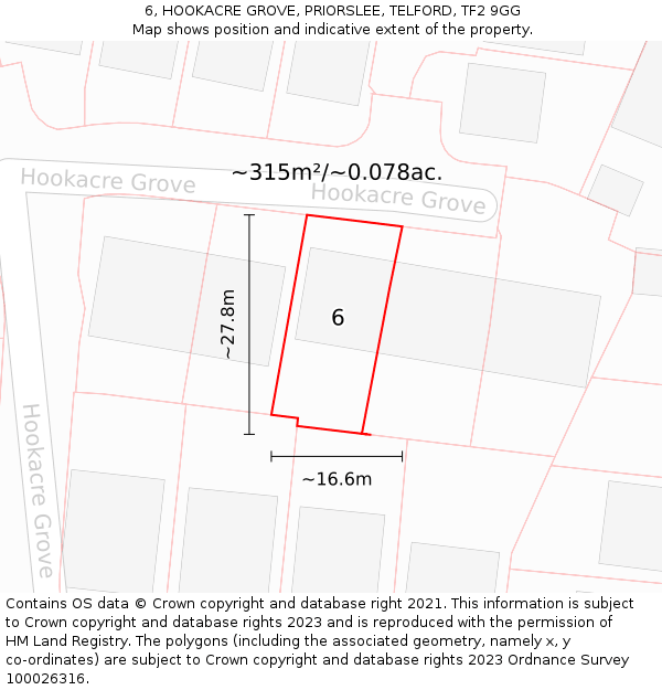 6, HOOKACRE GROVE, PRIORSLEE, TELFORD, TF2 9GG: Plot and title map