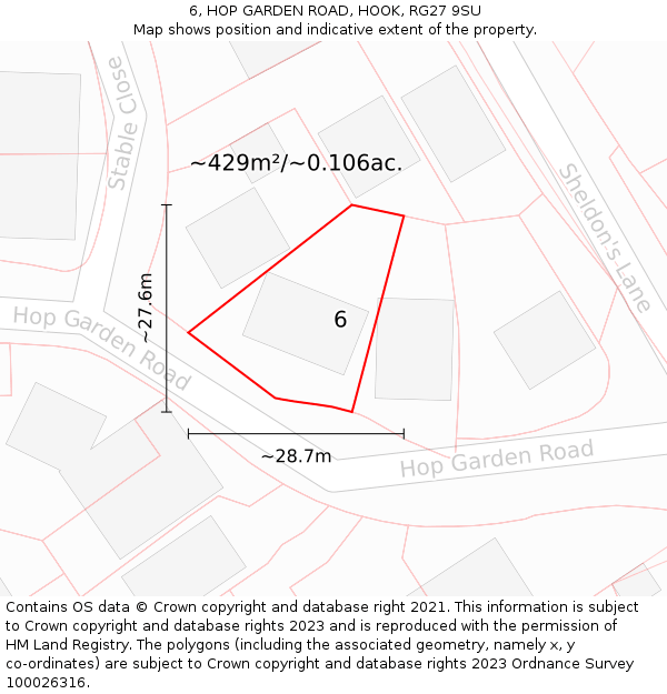 6, HOP GARDEN ROAD, HOOK, RG27 9SU: Plot and title map
