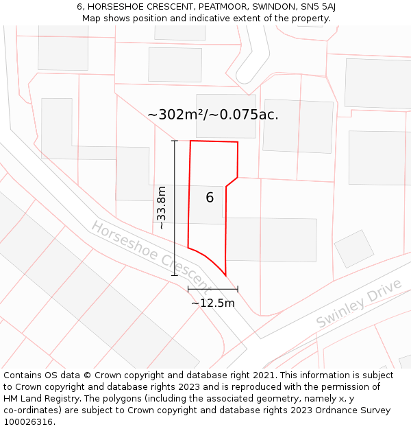 6, HORSESHOE CRESCENT, PEATMOOR, SWINDON, SN5 5AJ: Plot and title map