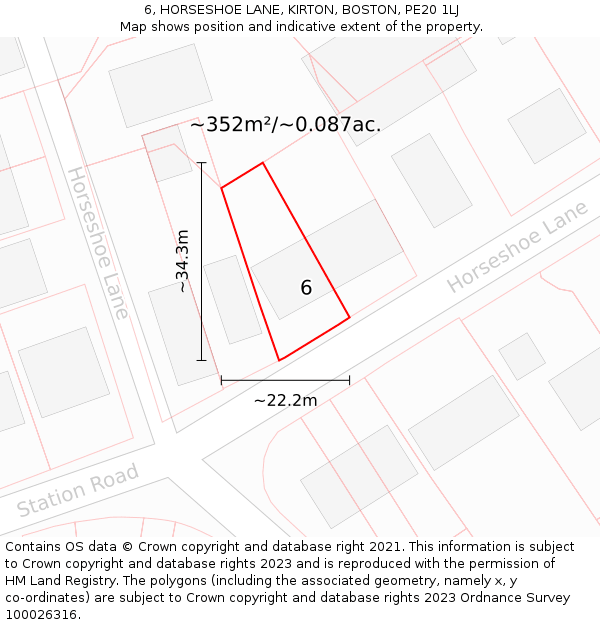 6, HORSESHOE LANE, KIRTON, BOSTON, PE20 1LJ: Plot and title map