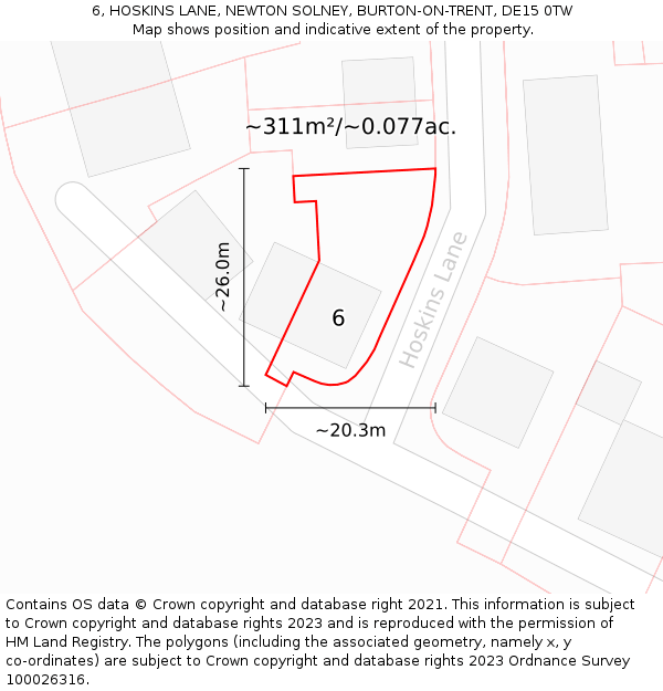 6, HOSKINS LANE, NEWTON SOLNEY, BURTON-ON-TRENT, DE15 0TW: Plot and title map