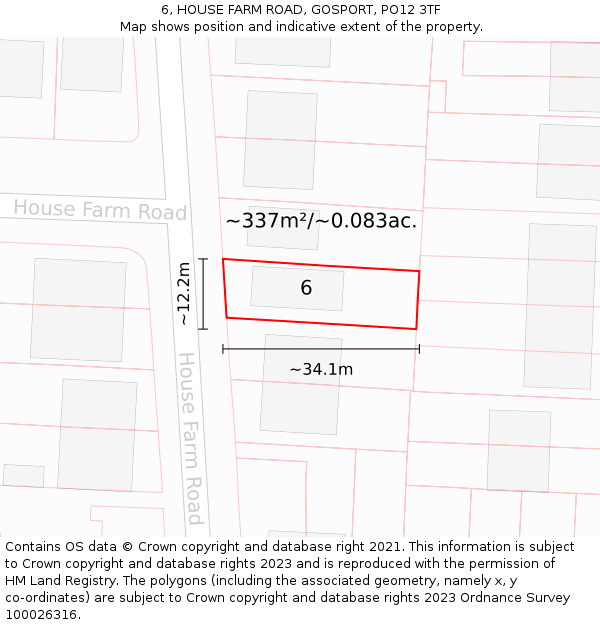 6, HOUSE FARM ROAD, GOSPORT, PO12 3TF: Plot and title map