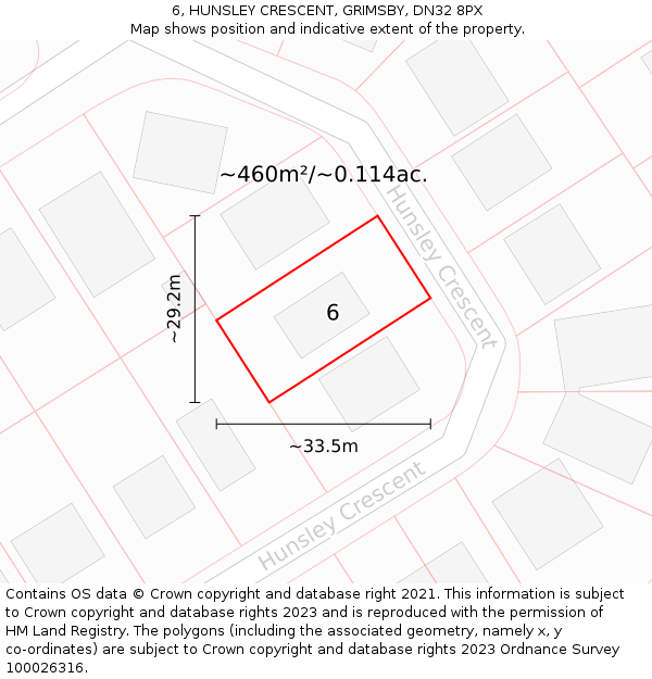 6, HUNSLEY CRESCENT, GRIMSBY, DN32 8PX: Plot and title map