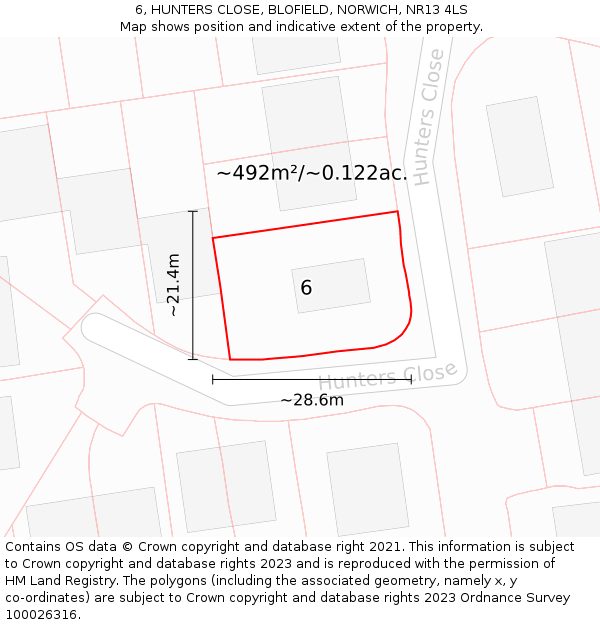 6, HUNTERS CLOSE, BLOFIELD, NORWICH, NR13 4LS: Plot and title map
