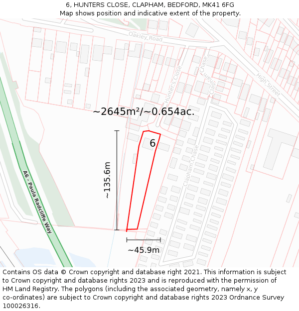 6, HUNTERS CLOSE, CLAPHAM, BEDFORD, MK41 6FG: Plot and title map