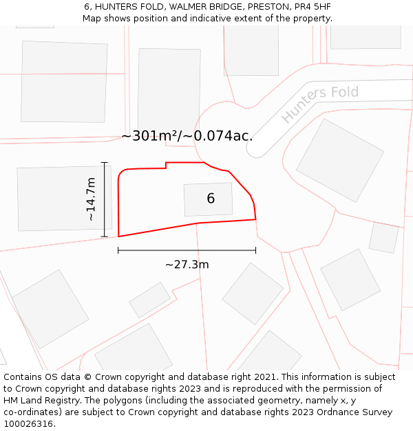 6, HUNTERS FOLD, WALMER BRIDGE, PRESTON, PR4 5HF: Plot and title map