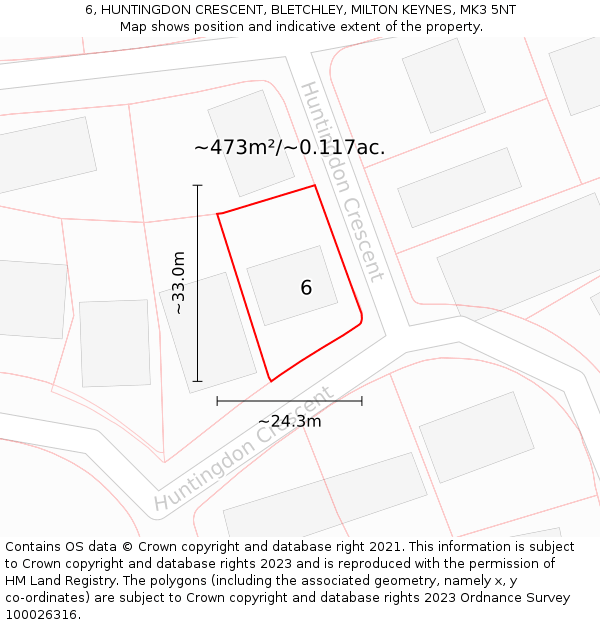 6, HUNTINGDON CRESCENT, BLETCHLEY, MILTON KEYNES, MK3 5NT: Plot and title map