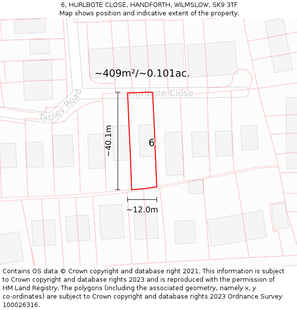 6, HURLBOTE CLOSE, HANDFORTH, WILMSLOW, SK9 3TF: Plot and title map