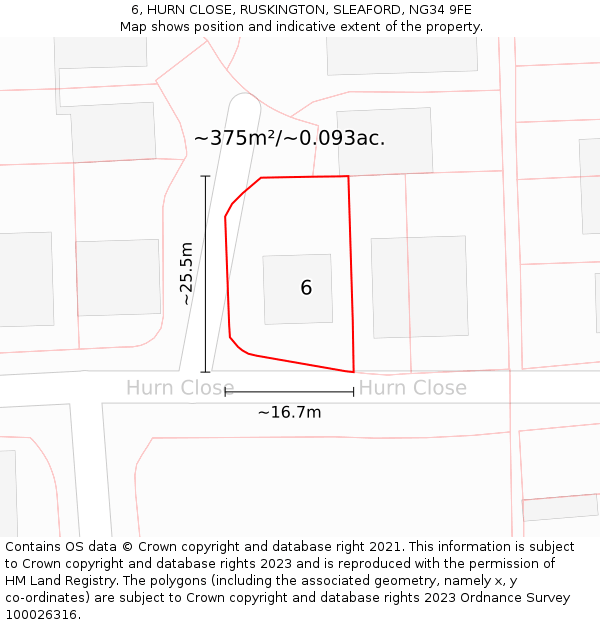 6, HURN CLOSE, RUSKINGTON, SLEAFORD, NG34 9FE: Plot and title map