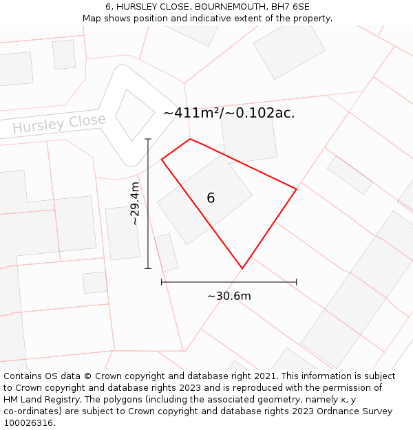 6, HURSLEY CLOSE, BOURNEMOUTH, BH7 6SE: Plot and title map