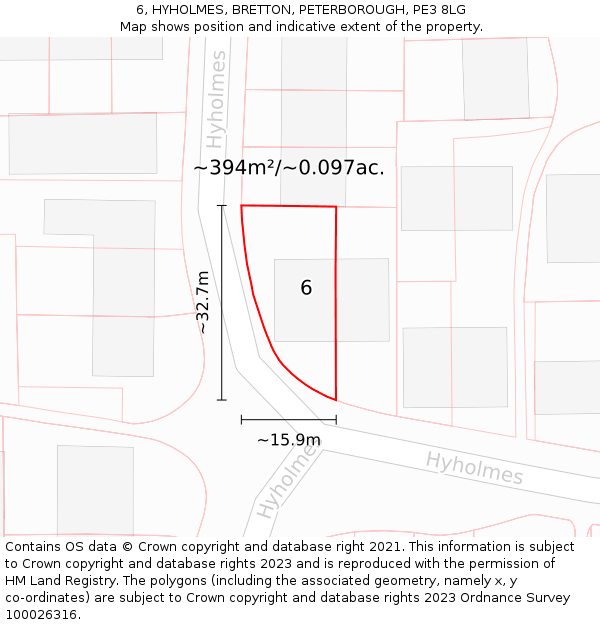 6, HYHOLMES, BRETTON, PETERBOROUGH, PE3 8LG: Plot and title map