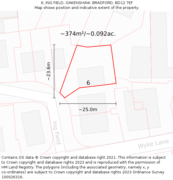 6, ING FIELD, OAKENSHAW, BRADFORD, BD12 7EF: Plot and title map