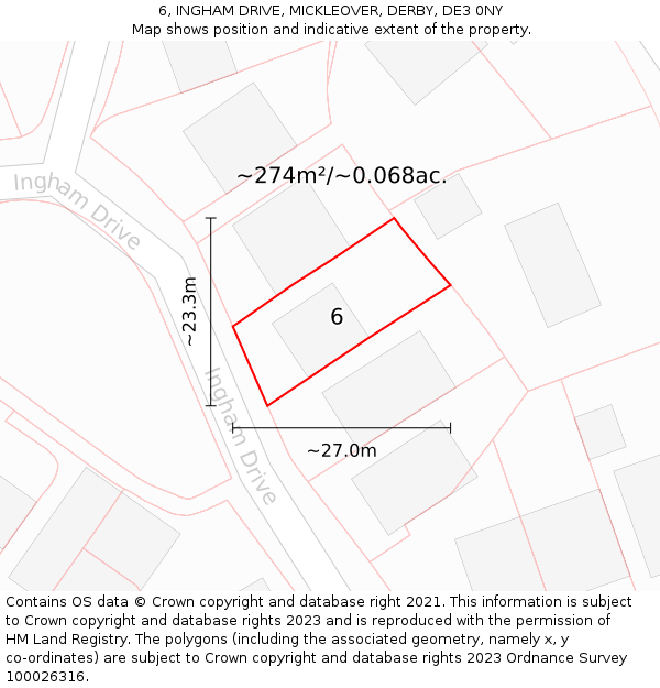 6, INGHAM DRIVE, MICKLEOVER, DERBY, DE3 0NY: Plot and title map