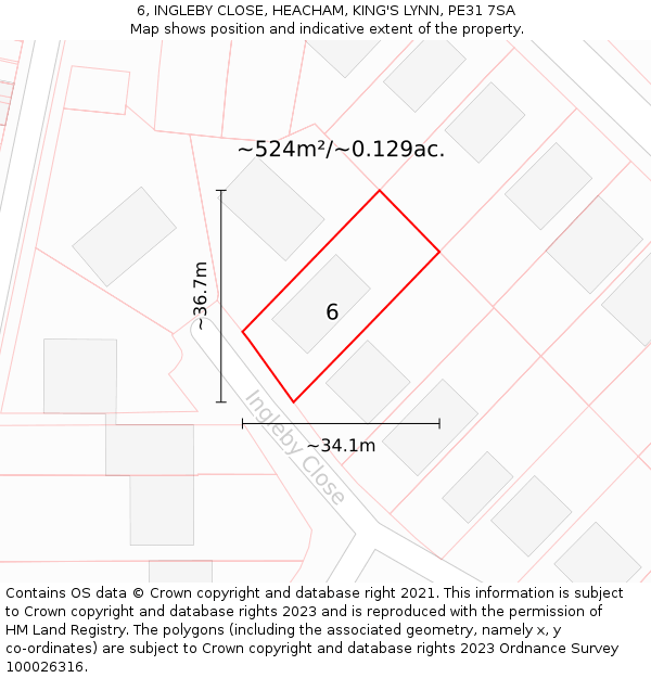 6, INGLEBY CLOSE, HEACHAM, KING'S LYNN, PE31 7SA: Plot and title map