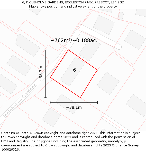 6, INGLEHOLME GARDENS, ECCLESTON PARK, PRESCOT, L34 2GD: Plot and title map