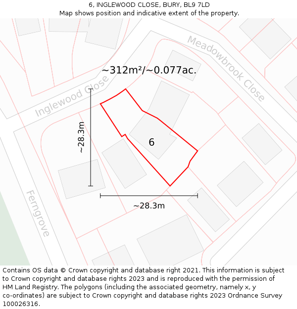 6, INGLEWOOD CLOSE, BURY, BL9 7LD: Plot and title map