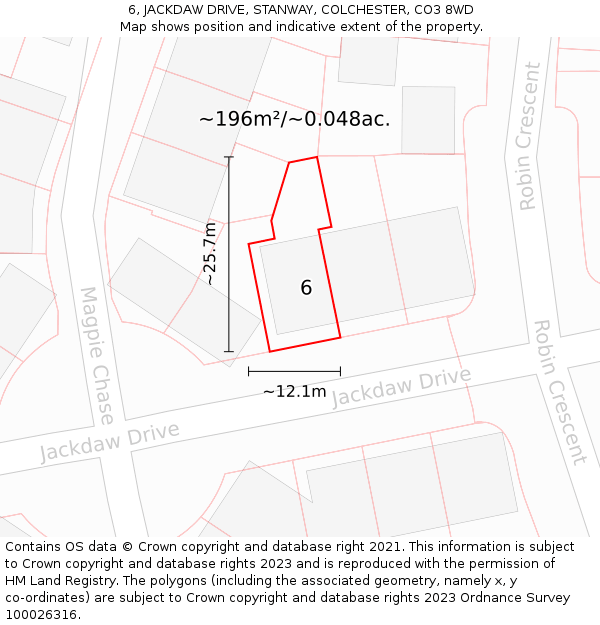 6, JACKDAW DRIVE, STANWAY, COLCHESTER, CO3 8WD: Plot and title map