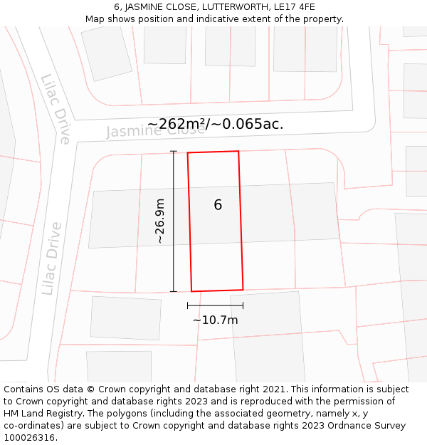 6, JASMINE CLOSE, LUTTERWORTH, LE17 4FE: Plot and title map
