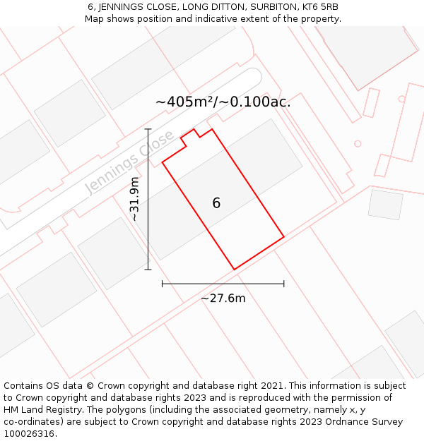 6, JENNINGS CLOSE, LONG DITTON, SURBITON, KT6 5RB: Plot and title map