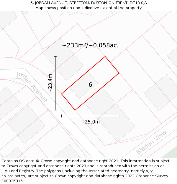 6, JORDAN AVENUE, STRETTON, BURTON-ON-TRENT, DE13 0JA: Plot and title map