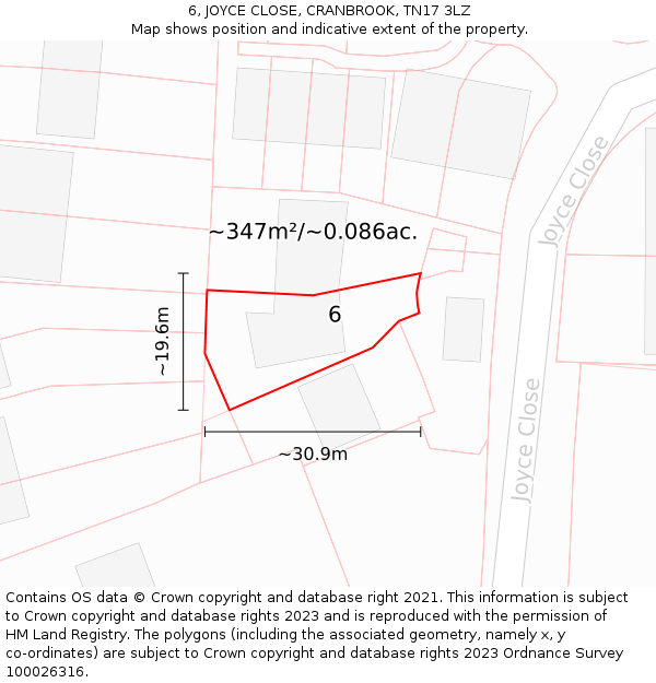 6, JOYCE CLOSE, CRANBROOK, TN17 3LZ: Plot and title map