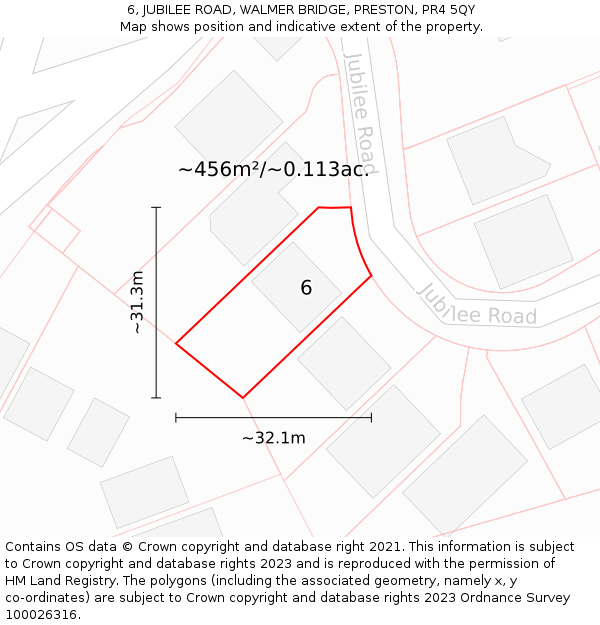 6, JUBILEE ROAD, WALMER BRIDGE, PRESTON, PR4 5QY: Plot and title map