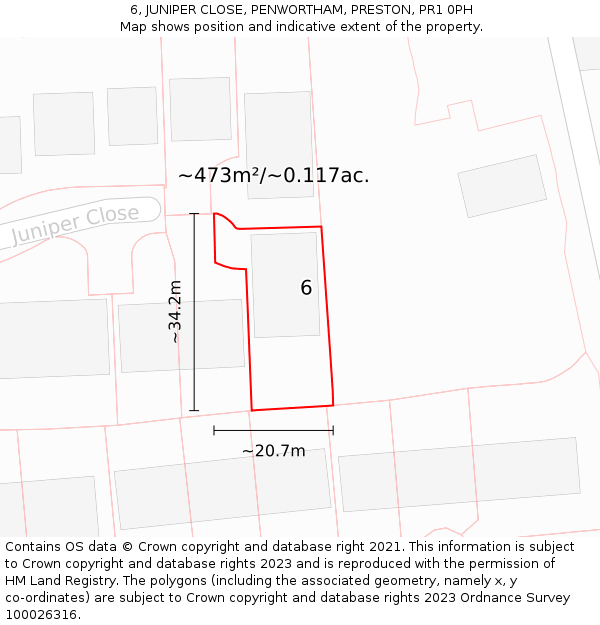 6, JUNIPER CLOSE, PENWORTHAM, PRESTON, PR1 0PH: Plot and title map